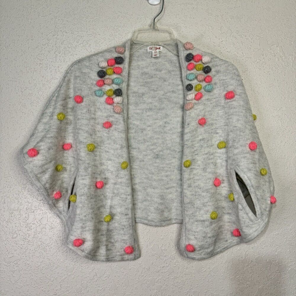 Cat & Jack Girls Kids Cape Poncho‎ Shawl Multicolor Pom Pom Design Gray Size S/M